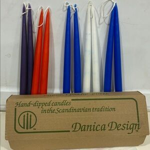 Set/10 LONG RED, WHITE, BLUE,PURPLE Scandinavian Hand-Dipped Candles Long Tapers